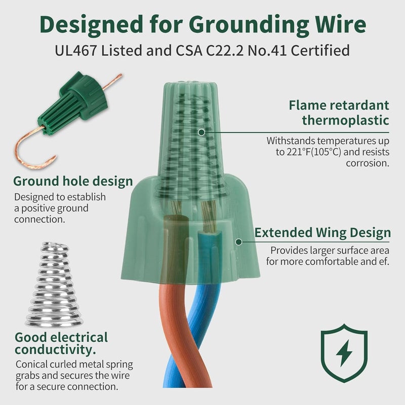 NEXUS 30PCS Green Wire Connectors Nuts with Hole, Winged Ground Wire Connectors-P99 Electrical Grounding Easy Twist-On 14-10 AWG Cables, Ensuring Secure and Reliable Wiring Connections. - Image 4
